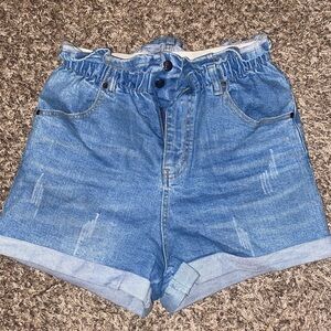 Blue High-Waisted Jean Shorts with Elastic Waistband